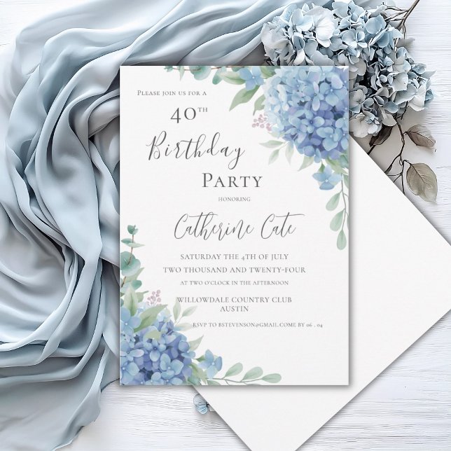 Invitation Hydrangea Bleue Florale Élégante 40e Anniversaire (Créateur téléchargé)