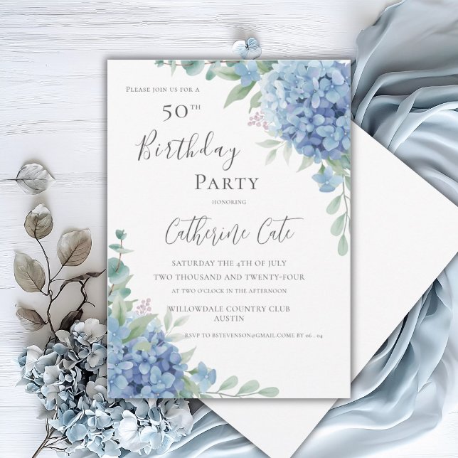Invitation Hydrangea Bleue Florale Élégante 50e Anniversaire (Créateur téléchargé)