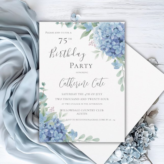 Invitation Hydrangea Bleue Florale Élégante 75e Anniversaire (Créateur téléchargé)