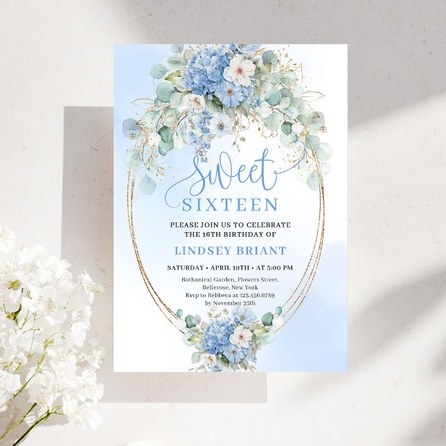 Invitation Hydrangea Bleue Tendance Cadre Doré 16e Anniversai (Trendy Blue Hydrangea Gold Frame 16th Birthday Invitation)