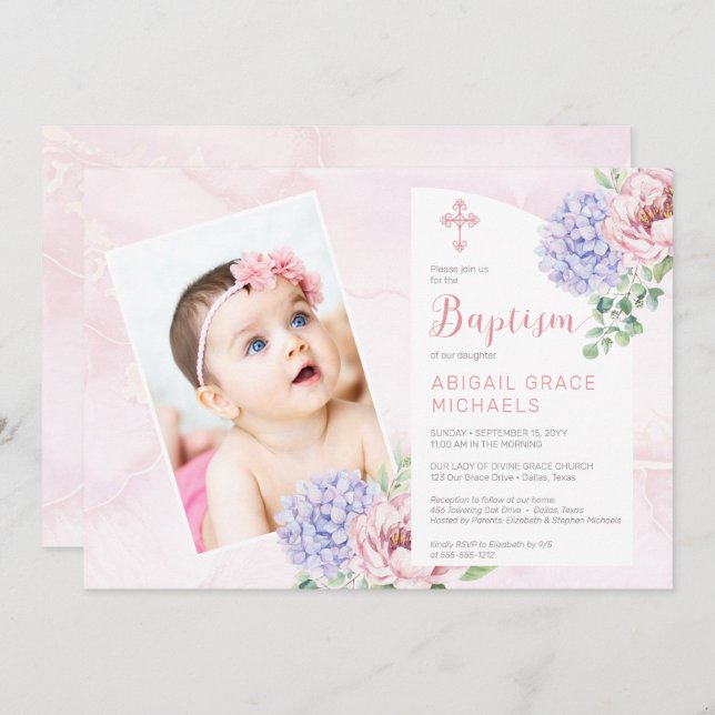 Invitation Hydrangea Blooms Girl Baby Photo Baptême (Devant / Derrière)