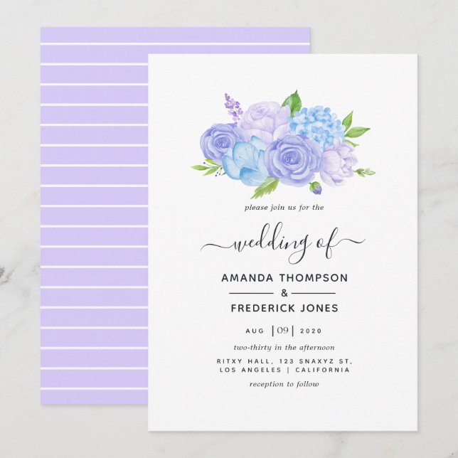 Invitation Hydrangea Blue et Lavender Mariage clair (Devant / Derrière)