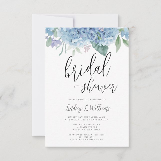 Invitation Hydrangea Blue Floral Douche nuptiale (Devant)