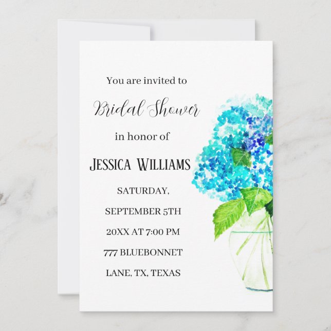 Invitation Hydrangea Blue Floral Fête des mariées d'aquarelle (Devant)