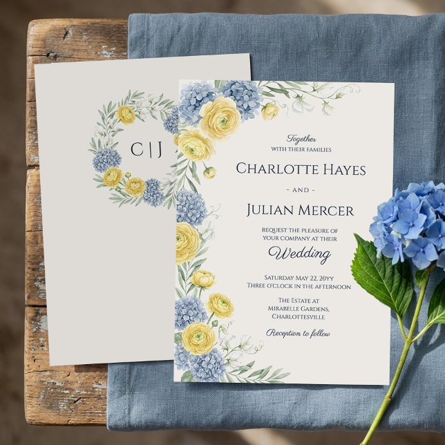 Invitation Hydrangea de mariage avec monogramme de jardin de  (Monogram Wedding Invitation from the French Country Garden Wedding Collection by Darling & May)