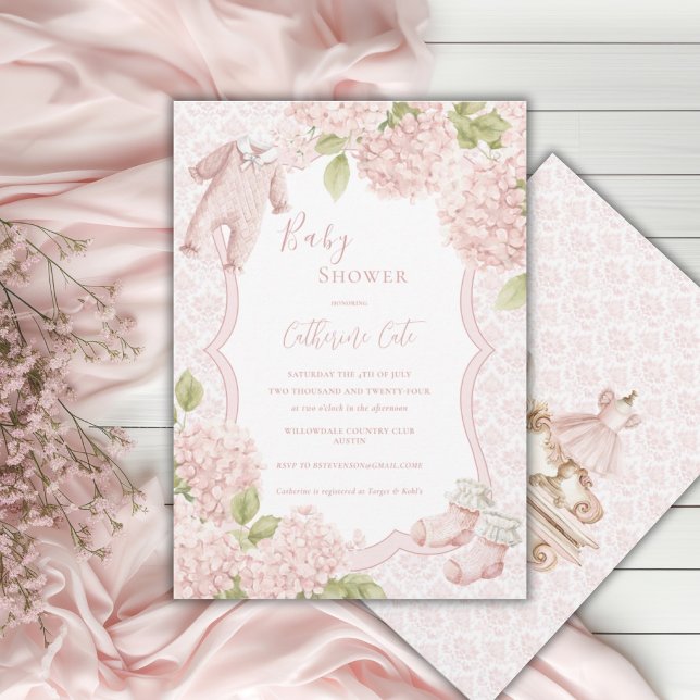 Invitation Hydrangea Élégant Fleur Rose Vintage Bébé (Créateur téléchargé)