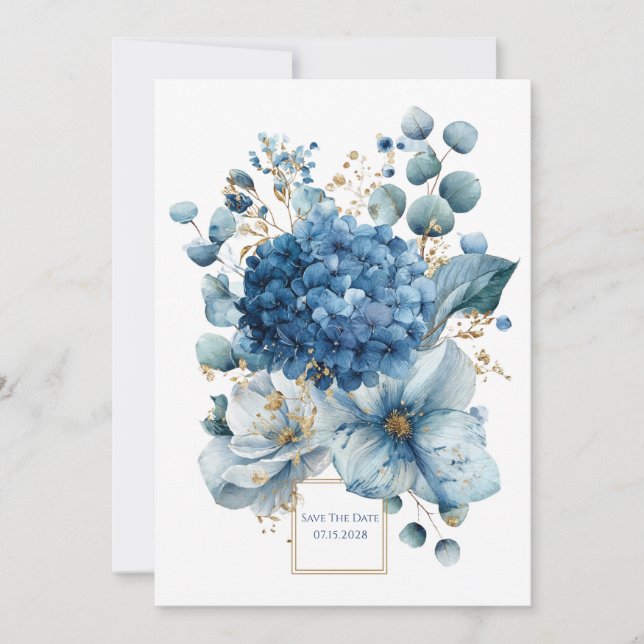 Invitation Hydrangea Élégante Poussiéreuse Bleue Pivoine Pail (Devant)