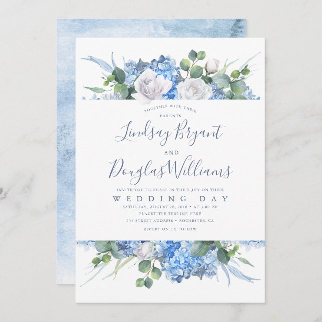 Invitation Hydrangea et verdure Dusty Blue Floral Mariage (Devant / Derrière)