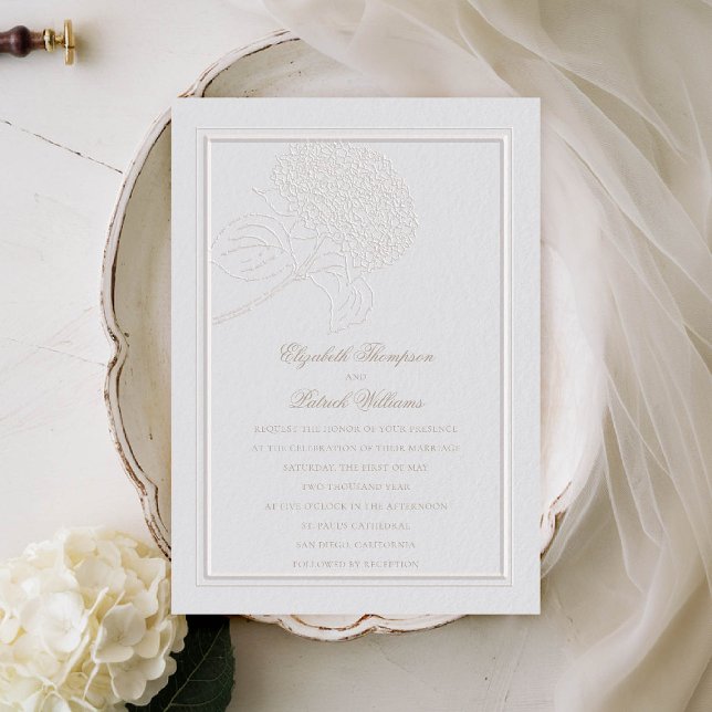 Invitation Hydrangea Faux Emboss Cadre Formel Elégant Mariage (hydrangea wedding invitation formal traditional modern classic double frame ivory faux embossed)