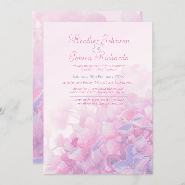 Invitation Hydrangea fleurie rose rose violet mariage (Devant / Derrière)