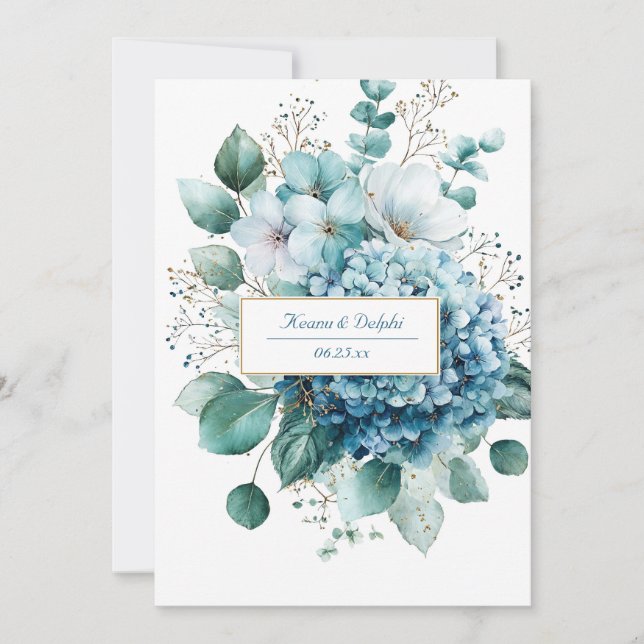 Invitation Hydrangea Floral Doré Bleu Poussiéreux Élégant (Devant)