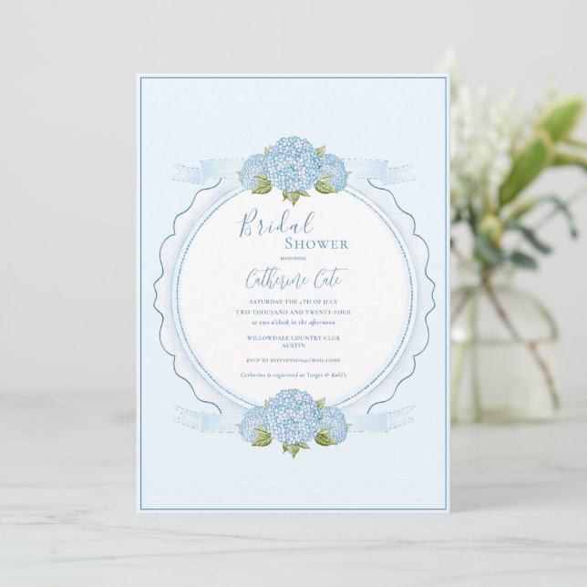 Invitation Hydrangea Florale Bleue Élégante pour une Baby Sho (Debout devant)