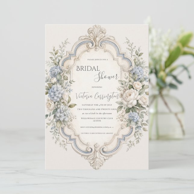 Invitation Hydrangea Florale Bleue Élégante Vintage (Debout devant)