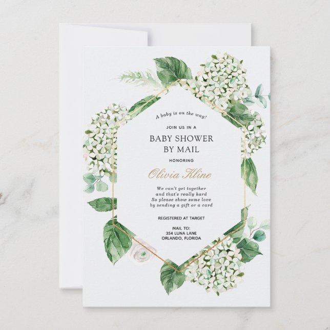 Invitation Hydrangea Gold Frame Baby shower par courrier (Devant)