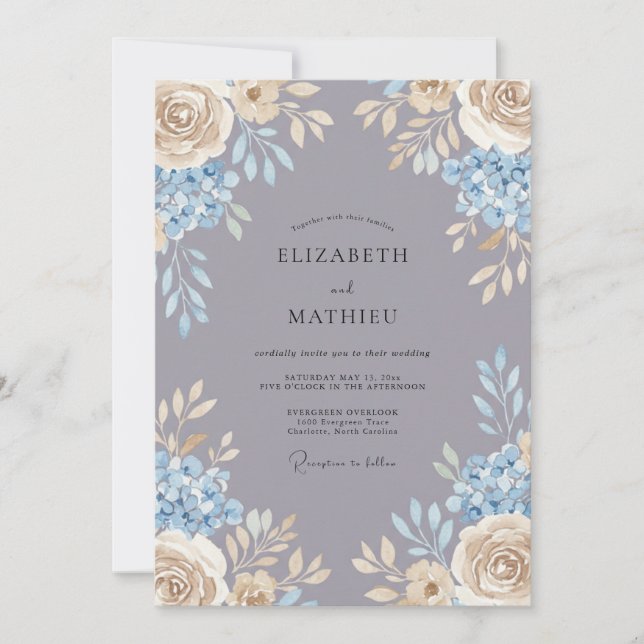 Invitation Hydrangea Gris Pervenche Mariage Romantique (Devant)