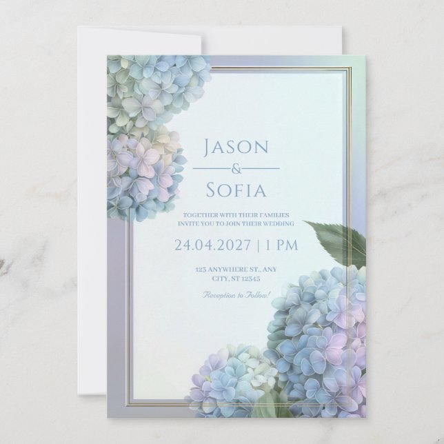 Invitation Hydrangea Lavande Bleu Poudre Cadre Doré Mariage (Devant)