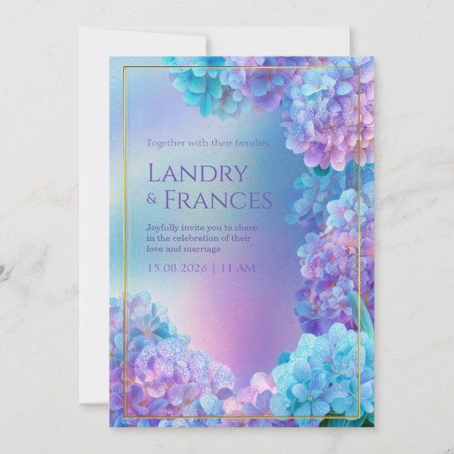Invitation Hydrangea Lavande Piquetée Cadre Doré Aquarelle (Devant)