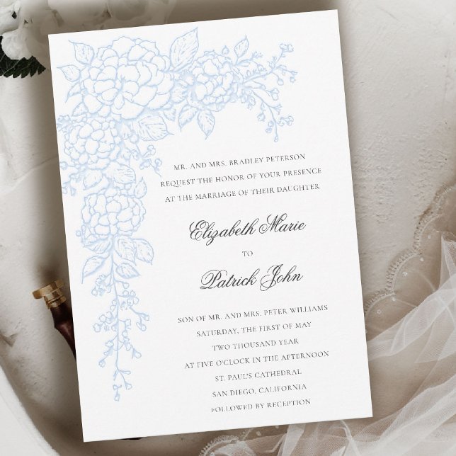 Invitation Hydrangea Luminous Blue Formal Classic Wedding (hydrangea wedding invitation formal traditional modern classic art sketch parents host blue)