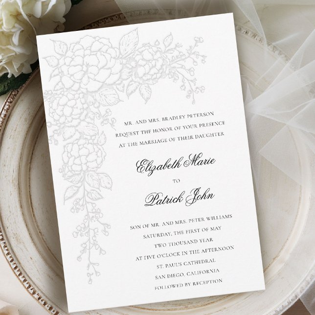 Invitation Hydrangea Luminous White Formal Classic Wedding (hydrangea wedding invitation formal traditional modern classic art sketch black white parents host)