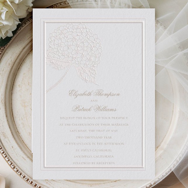 Invitation Hydrangea Moderne Classique Formel Mariage Élégant (hydrangea wedding invitation formal traditional modern classic double frame ivory faux embossed)