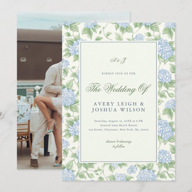 Invitation Hydrangea Monogramme Bleu Vert Sauge Mariage Jardi (Devant / Derrière)