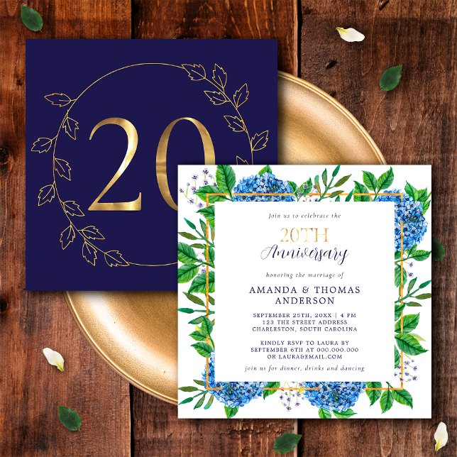 Invitation Hydrangea Or et Bleu 20e Anniversaire de Mariage (Front / Back)