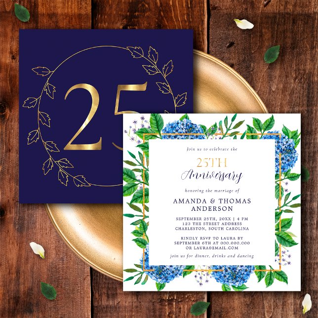 Invitation Hydrangea Or et Bleu 25e Anniversaire de Mariage (Front / Back)