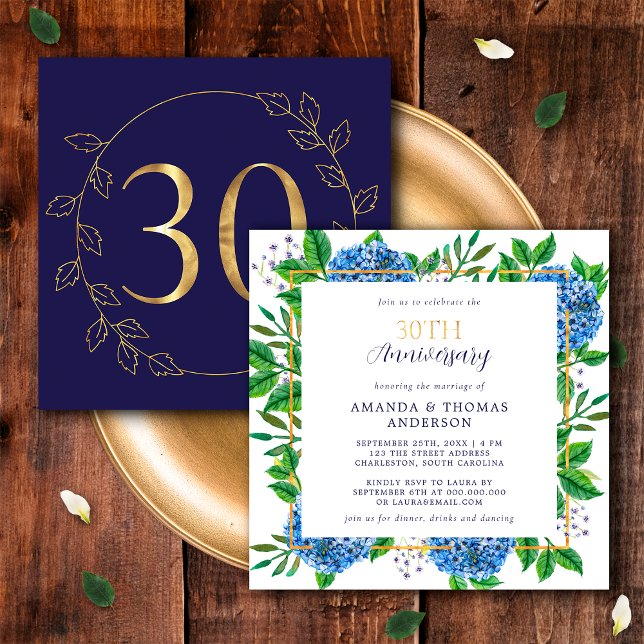 Invitation Hydrangea Or et Bleu 30e Anniversaire de Mariage (Front / Back)