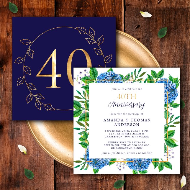 Invitation Hydrangea Or et Bleu 40e Anniversaire de Mariage (Front / Back)