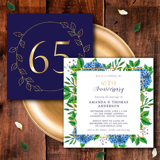Invitation Hydrangea Or et Bleu 65e Anniversaire de Mariage (Front / Back)