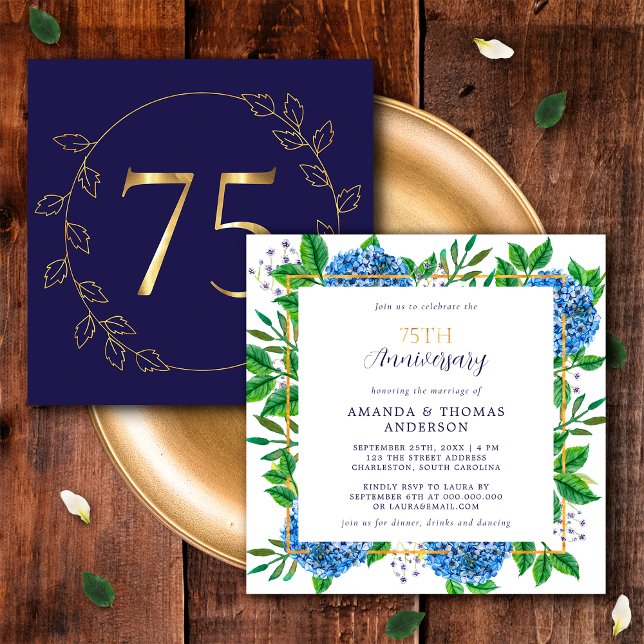 Invitation Hydrangea Or et Bleu 75e Anniversaire de Mariage (Front / Back)