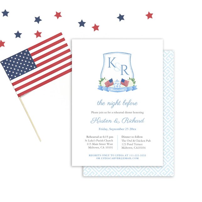 Invitation Hydrangea Patriotique Dîner de Répétition de Maria (Red White And Blue Watercolor Crest Wedding Rehearsal And Welcome Dinner Invitation)