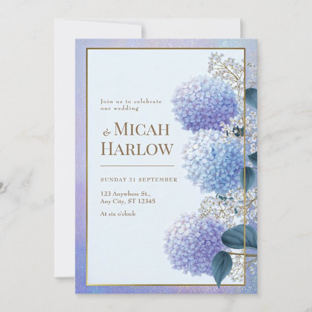 Invitation Hydrangea Periwinkle Stardust Cadre Doré Mariage (Devant)