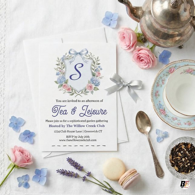 Invitation Hydrangea & Rose Crest Ga aquarelle sophistiqué (Créateur téléchargé)