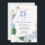Invitation Hydrangea Rose fête du 21ème anniversaire<br><div class="desc">Des fleurs d'hydrangée bleue et des fleurs roses rousses ornent un cadre ovale doré. Une botanique moderne ouverte et aérée.</div>