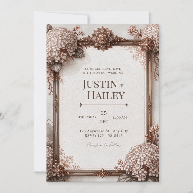 Invitation Hydrangea Sépia Mariage Bronze (Devant)