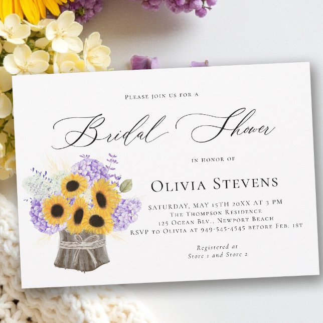 Invitation Hydrangea Sunflowers Lilac Rustic Bridal Shower (bridal shower invitation sunflower lilac hydrangea rustic elegant barn outdoors garden backyard)