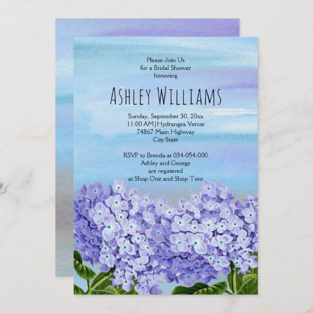 Invitation Hydrangeas aquarelle fleurie mariage douche nuptia (Devant / Derrière)