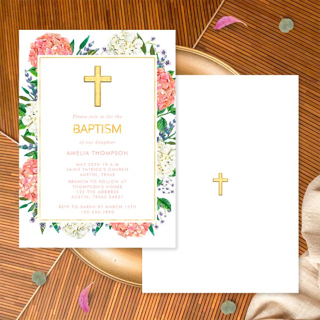Invitation Hydrangeas Blanches Élégantes Baptême Croix Dorée (Front / Back)
