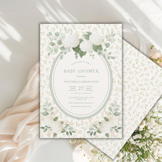 Invitation Hydrangeas Blanches Fleuris Vintage Vert Baby Show (Créateur téléchargé)