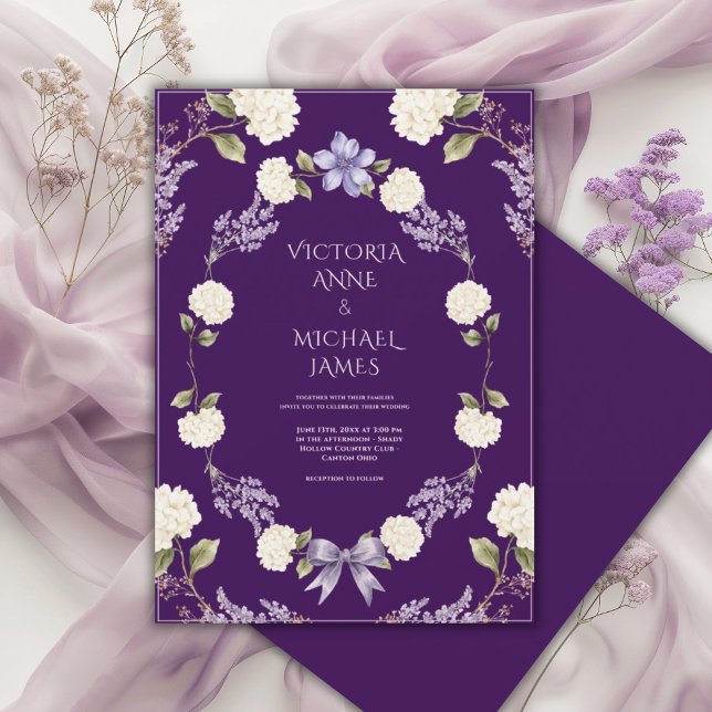 Invitation Hydrangeas Blanches Fleurs Violettes Élégantes (Créateur téléchargé)