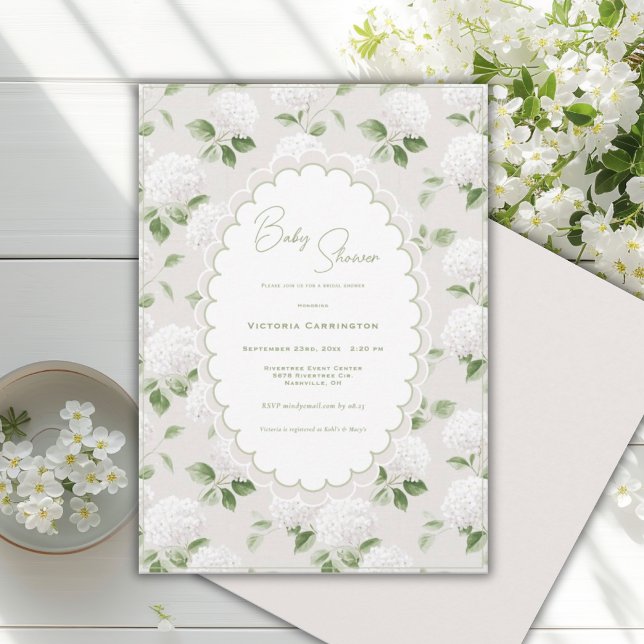 Invitation Hydrangeas Blancs et Baby Shower Élégant (Créateur téléchargé)