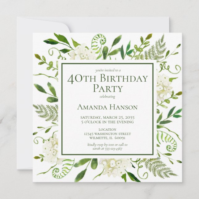 Invitation Hydrangeas blancs pour 40e anniversaire (Devant)