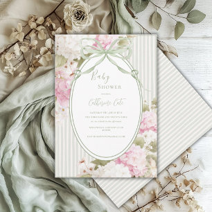 Invitation Hydrangeas Blancs Rose Fête de Bébé Vert Sauge