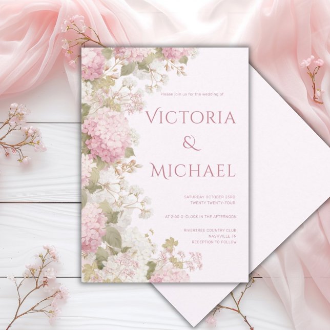 Invitation Hydrangeas Blancs Roses Élégant Mariage Moderne  (Créateur téléchargé)