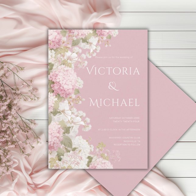 Invitation Hydrangeas Blancs Roses Élégant Mariage Moderne  (Créateur téléchargé)