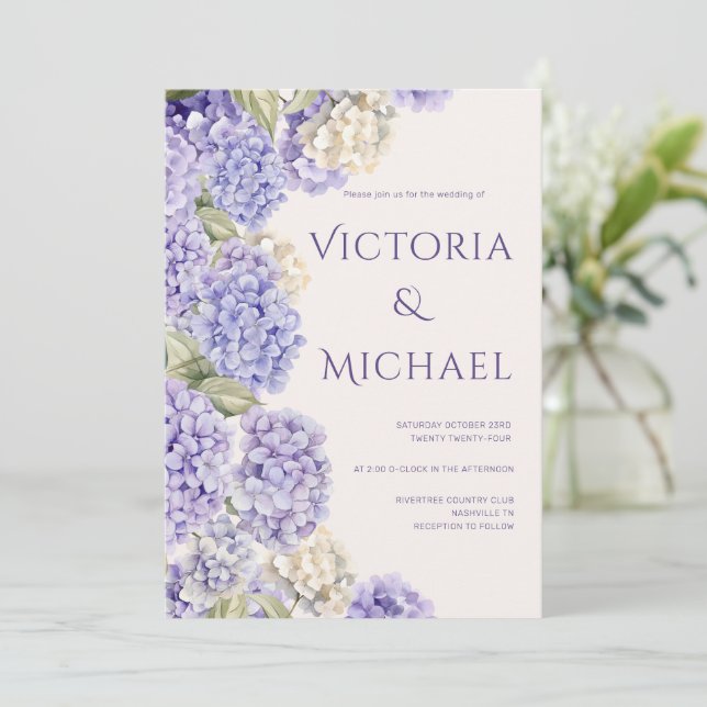Invitation Hydrangeas Blancs Violets Mariage Élégant Moderne (Debout devant)