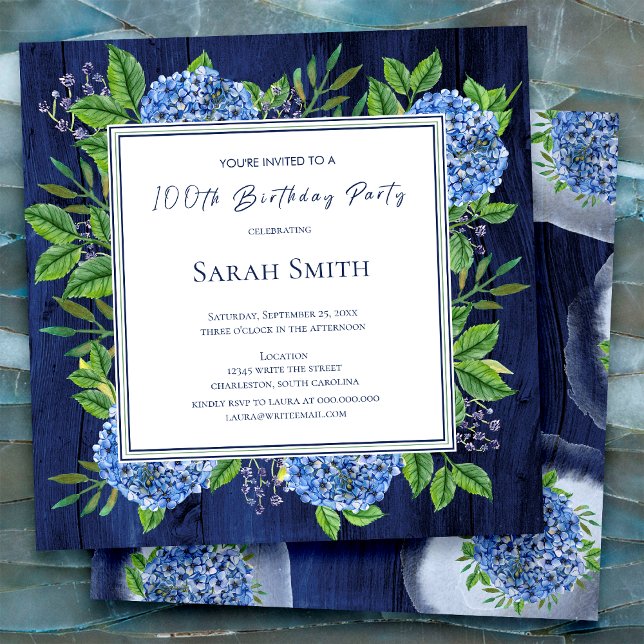 Invitation Hydrangeas Bleu Bois Rustique Fête des 100 ans (Créateur téléchargé)