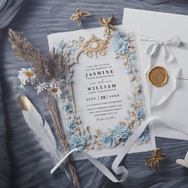 Invitation Hydrangeas Bleu Poussiéreux Élégant Mariage Emboss (Créateur téléchargé)