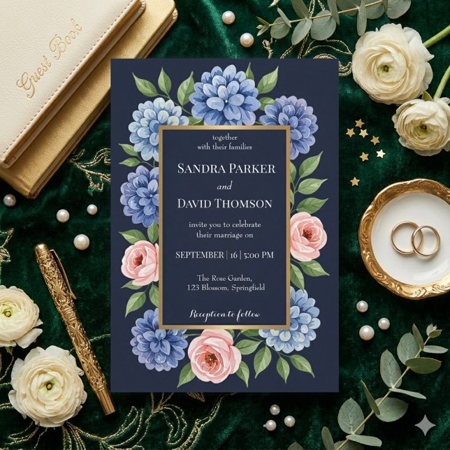 Invitation Hydrangeas bleu poussiéreux roses rose pastel mari (Créateur téléchargé)
